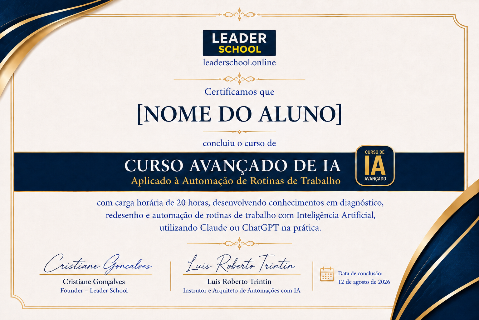 Modelo do certificado do Curso Avançado de IA